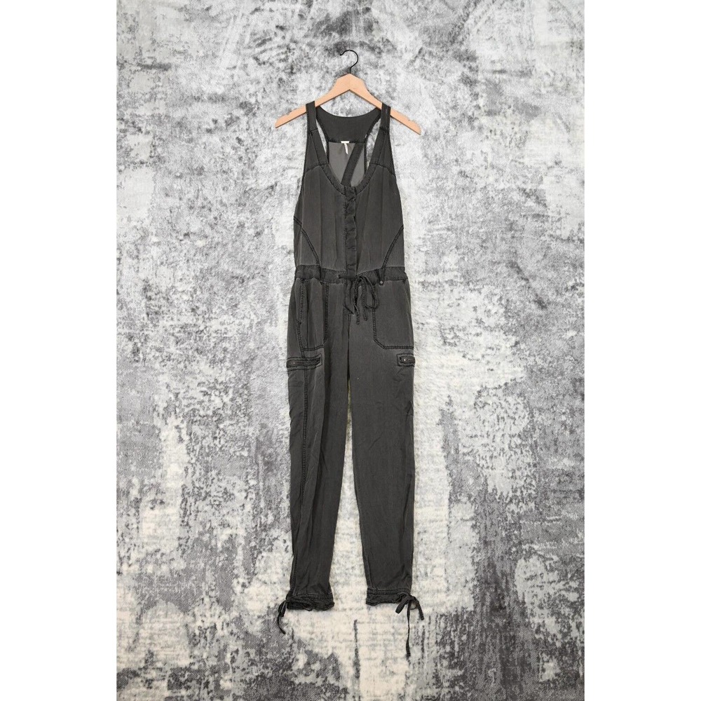 Free People Gray Sleeveless Zip Pockets Tie Waist Jogger Ankle Jumpsuit Size 0